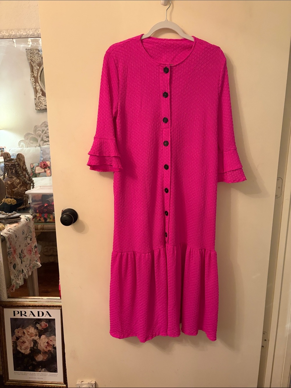 Bright Pink Button-Front Midi Dress with Ruffle Hem